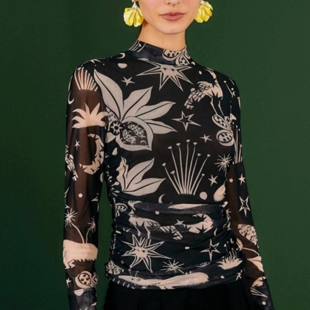 NWT Farm Rio Black & White Cerrado Sky Tulle Blouse